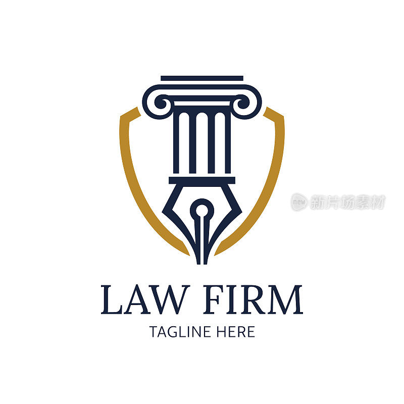 律师事务所的柱子、钢笔和盾形标志。法律标志为司法、律师、律师事务所公司或个人。矢量EPS 10